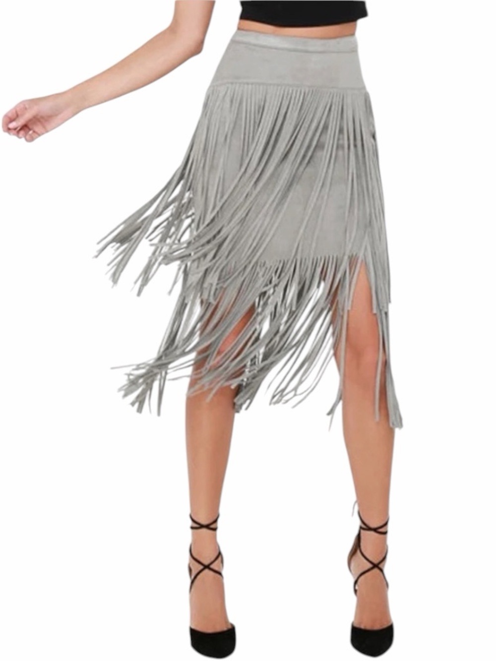 Glamorous Faux Suede Fringe Light Gray Skirt Size XS NWT